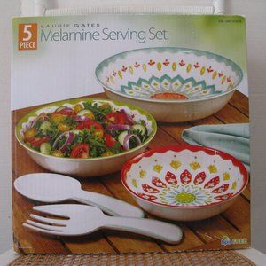 New Laurie Gates 5 Pc Melamine Serving Set Moroccan Boho 3 Bowls Fork Spoon